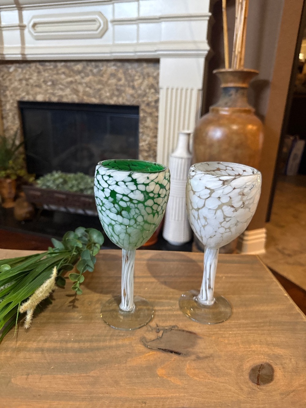 Two Mexico Multi Color Pebble Style Hand Blown Wine Glass Goblets
